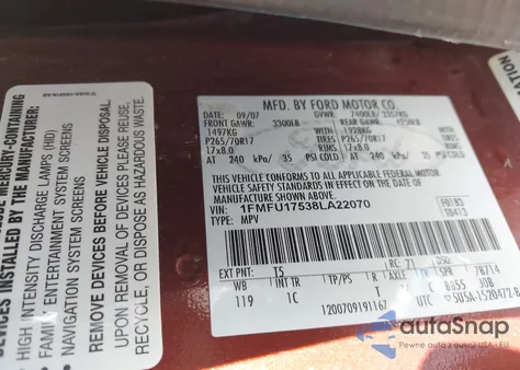 2008 Ford Expedition Eddie Bauer/King Ranch из США, поврежденный, VIN 1FMFU17538LA22070